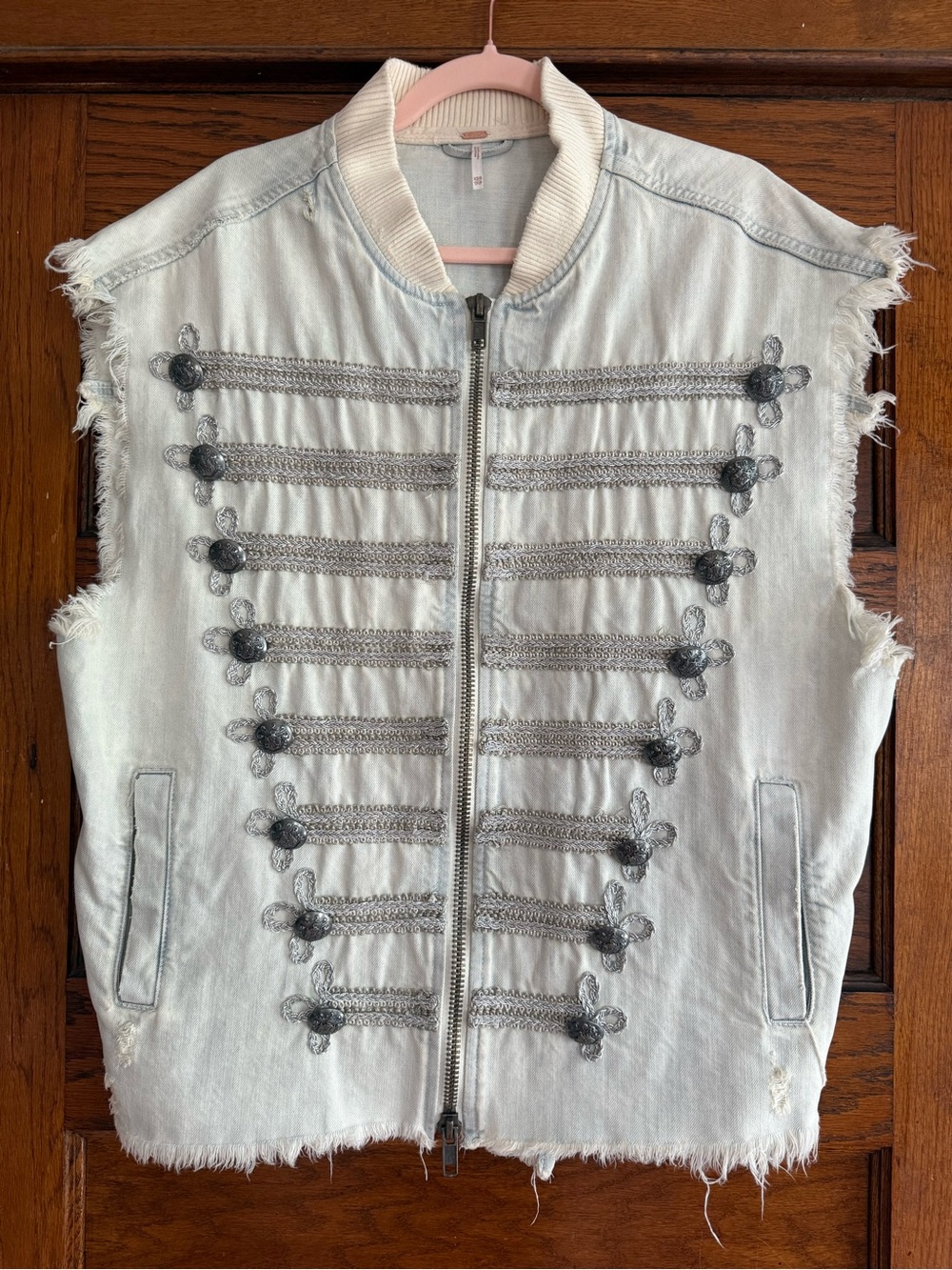 FREE PEOPLE Festival Military Zip Up Vest Light Wash Denim 100% Cotton XS/S - Picture 1 of 8